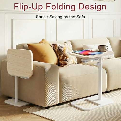 GOYLSER TV Tray Table for Couch, Height Adjustable/360° Swivel/180° Flip-Over Panel Design C-Shaped End Table, Sofa End Side Table with Phone & Tablet Slot for Eating, Laptop, Couch (Natural)