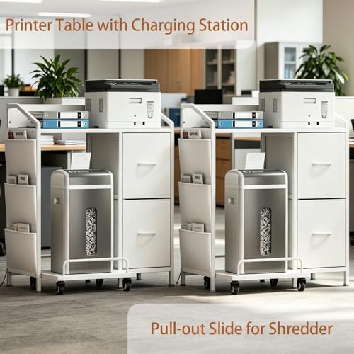 Printer Stand with Fabric Drawers, Lateral Office Filing Cabinets with Power outlets & USB Charging Port, File Cabinet with Large Printer Stands for Home Office, Shredder Stand Rack (White)