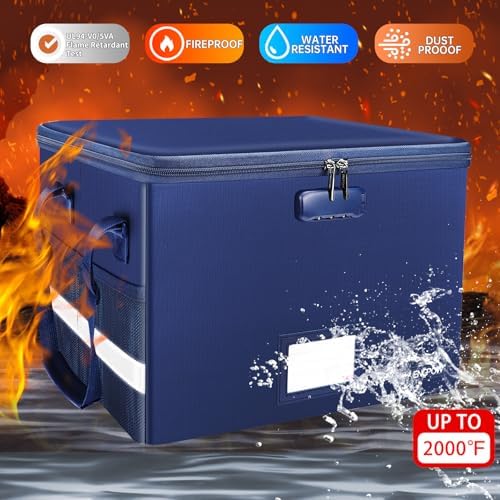 ENGPOW File Box with Lock, Fireproof Document Box with Pockets, Collapsible File Organizer Filing Storage Cabinet with Handle, Portable Home Office Safe for Hanging Letter/Legal Folders, Blue, 2 Pack