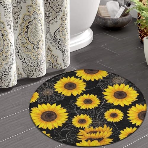 Soft Round Yoga Carpet, Large Home Decor Mat, Non Slip Machine Washable Kitchen Office Circle Rug Floral Sunflower Black