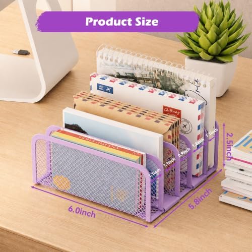Mail Organizer Countertop, Metal File Holder with 5-Slot, Small Desk File Organizer for Letter, Bill, Mail Sorter, Desktop Letter Folder Holders for Office, Home, School (Purple)