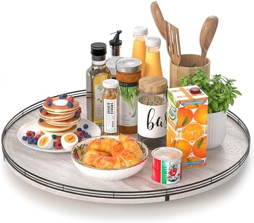 AMH 24-Inch Whitewashed Farmhouse Wooden Lazy Susan Organizer