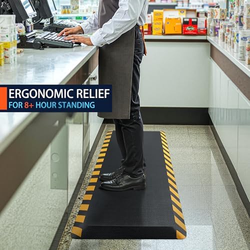 FEATOL Anti Fatigue Mat Industrial, Ergonomic Standing Floor Mat for Work for Stand, Safety Support for Leg & Back Pain(Yellow Border, 24" x 36", 2PC)