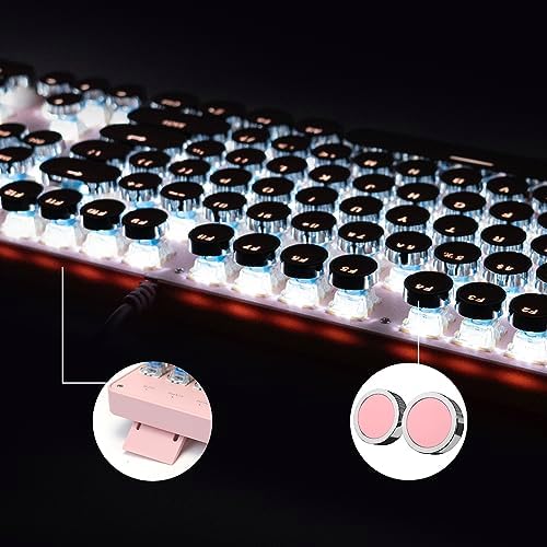 YSCP Typewriter Style Mechanical Gaming Keyboard White Backlit Wired with Blue Switch Retro Round Keycap 104 Keys Keyboard (Pink)
