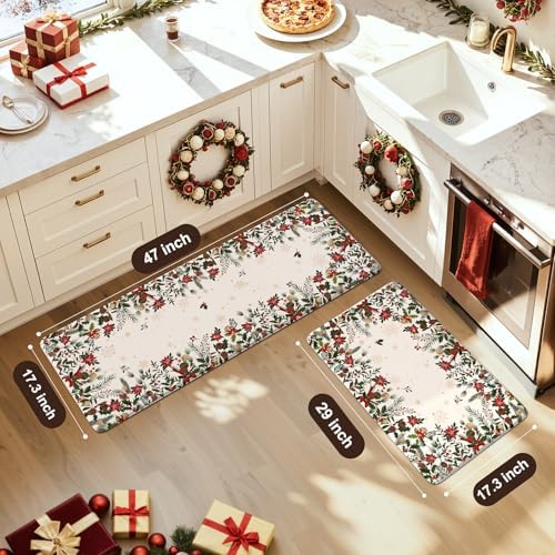 KIMODE Christmas Decor Kitchen Mats Cushioned Anti Fatigue, Beige Farmhouse Kitchen Rugs Sets of 2, Padded Kitchen Floor Mats, Non Slip Standing Mats for Christmas Decorations Laundry Office Desk