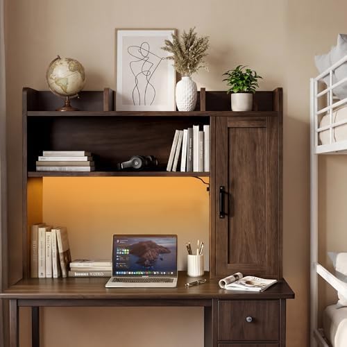 Desktop Bookshelf, Desk Hutch with RGB LED Lights & Power Outlets