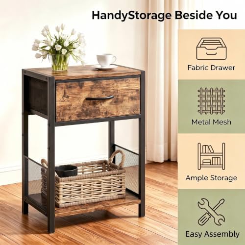 Night stand Set of 2 with Fabric Drawer, Rustic Brown Bedside Table