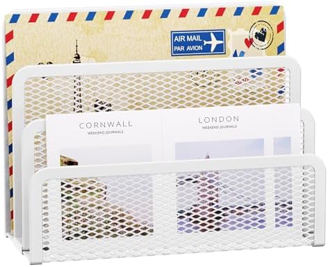 Marbrasse Mail Organizer for Desk, 3-Slot Mesh Metal Mail Holder countertop, Letter Holder, Office Desktop Envelope and Document Storage Rack (White)