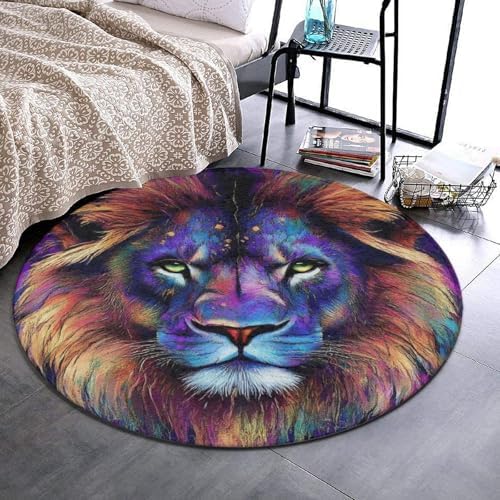 Room Sofa Yoga Soft Round Carpet, Home Decor Non Slip Kitchen Office Circle Rug, Machine Washable Modern Round Area Rug Trippy Animal King Cool Lion Art, 60inch