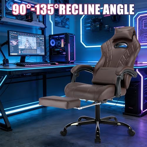 Gaming Chair with Footrest and Massage Lumbar Support, Ergonomic Computer Gamer Chair, Office Video Game Chairs with Adjustable Height and Backrest (Coffee)