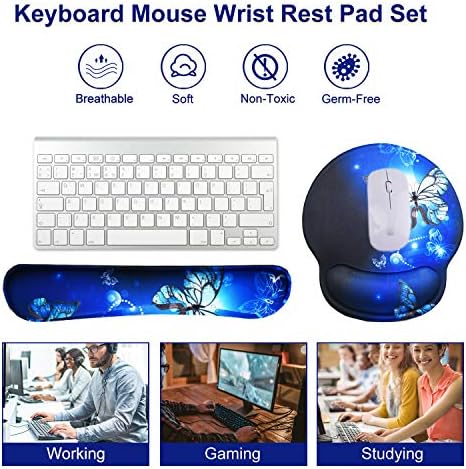 Mouse Pad Keyboard Wrist Rest, Gel Non Slip Rubber Wrist Support Rest Mouse Pad for Home Office, Computer, Laptop, Typist, Gamer, Soft Cushion Mousepad with Memory Foam Ergonomic, Blue Butterfly