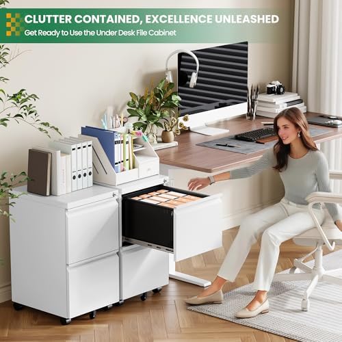 2 Drawer File Cabinet with Lock, Small Rolling Filing Cabinet for Home Office, Printer Stand, 2 Drawer Under Desk Filing Cabinet with Wheels for Legal/Letter/A4 (Fully Assembled,White)