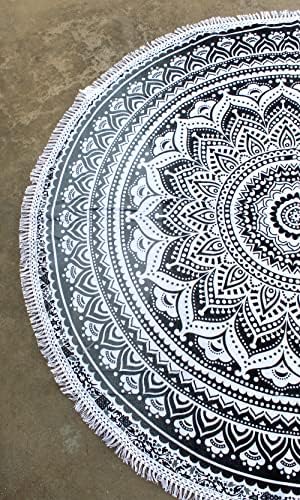 Round Beach Tapestry Turquoise Mandala Throw/Boho Hippie Beach Blanket Roundie/Indian Cotton Bohemian Large Round Table Cloth-Home Decor/Yoga Mat Meditation Picnic Rug (42", Grey)