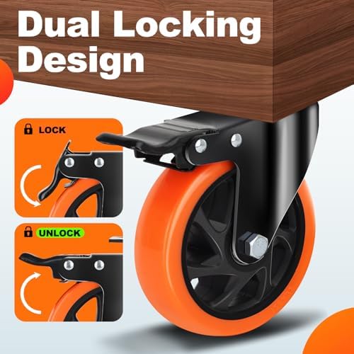 QNCZ 5 Inch Caster Wheel with Dual Brake, Heavy Duty, Silent, Set of 4