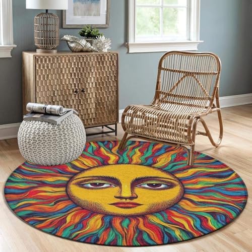 Home Decor Non Slip Kitchen Office Circle Rug, Machine Washable Modern Round Area Rug, Room Sofa Yoga Soft Round Carpet Trippy Sun Art, 60inch