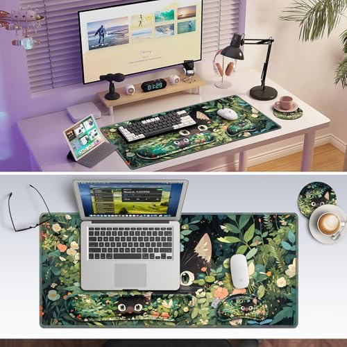Canjoy Desk Mat with Wrist Rest, Anime Black Cats Keyboard and Mouse Pad