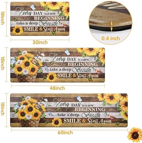 Likiyol Sunflower Kitchen Mats for Floor [3 PCS] Farmhouse Kitchen Rugs, Floral Anti Fatigue Mats for Kitchen Floor Non Slip Washable Comfort Mat, 18'' x 30'' + 18'' x 48'' + 18'' x 60''