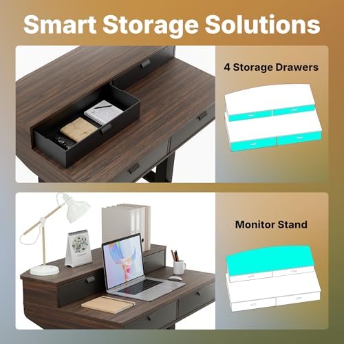 HUANUO 32 x 20 Inch Electric Standing Desk with 4 Drawers, Walnut