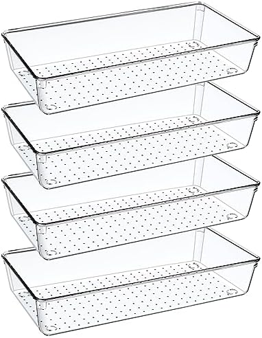 4PCS Clear Plastic Drawer Organizer Tray, 12'' Large Acrylic Vanity Bathroom Drawer Organizers Trays, Desk Drawer Organizer Bins for Cosmetics, Makeup, Kitchen, Office, Junk Drawer Organization