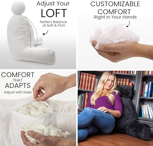 Husband Pillow Medium Reading Pillow with Arms - 23" Backrest for Sitting Up in Bed - Firm Support Bed Rest Pillow for Adults, Neck Roll, Removable Cover - TV, Reading, Lounging - Black