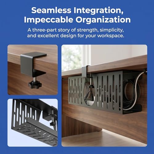 Under Desk Cable Management Tray, Cord Organizer for Desk Cable Management Tray Under Desk with Clamp for Home Office, Standing Desk(1Pack，Black)
