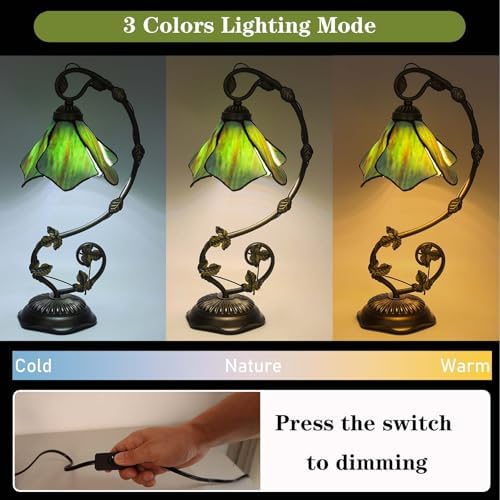 Stained Glass Table Lamp, Green Flower Style Metal Leaf Base Desk Reading Light, Adjustable 3 Color Temperature Decor for Bedroom Home Office