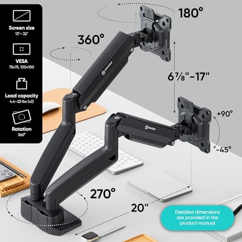 ONKRON Dual Monitor Arm 13-32 Inch, 22 lbs (x2), VESA 75x75-100x100, Black