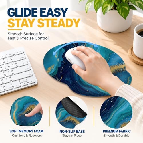 Blue Gold Marble Mouse Pad with Wrist Rest, Keyboard Support and Coaster