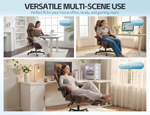 Office Chair for Home Office, Ergonomic Wide Seat Desk Chair with Pocket Spring Cushion, Breathable Leather Gaming Chair with Adjustable Headrest and Retractable Footrest，Brown