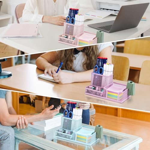 M&G Mesh Pen Holder Desk Organizers Pencil Holder for Desk Light Blue, 3 Compartments Metal Office Supply Organizer with Sticky Notes Holder for Home Office
