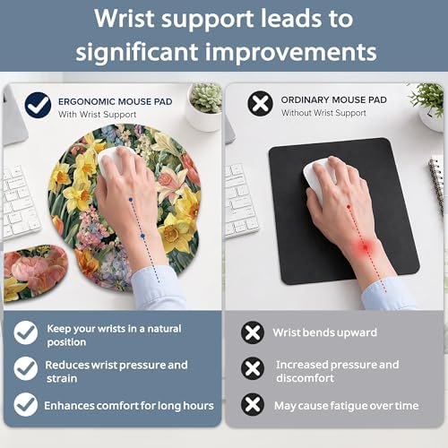 Cute Black Cat Ergonomic Keyboard and Mouse Wrist Rest Set, Flowers Mouse Pad with Non Slip Base, Soft Cloth Surface for Office and Home Typing Support