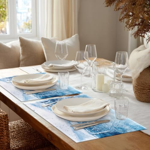 Shrahala Watercolor Winter Landscape Set of 8 12 X 18 Inch Linen Placemats, Blue Snow Fir Snowy Land Burlap Table Mat Washable Double Layered Heat Insulation for Indoor