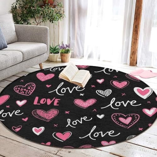 Large Machine Washable Circular Rugs, Home Decor Round Mat for Living Room Sofa Office Pink Heart Cute Love