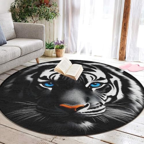 Large Home Decor Mat, Soft Round Yoga Carpet, Non Slip Machine Washable Kitchen Office Circle Rug White Tiger