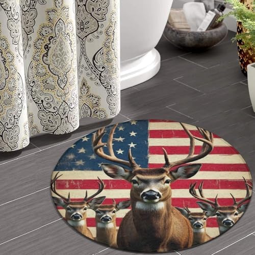 Soft Round Yoga Carpet, Office Chair Decor Round Mat for Carpet and Hardwood Floors American Flag Deers