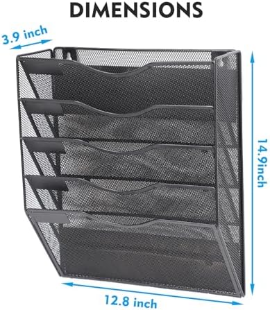 EASEPRES Magnetic 5 Pocket Mesh Hanging File Organizer, Wall Mounted Mail Paper Document Folder Holder, Clipboard Storage Organization Magazine Rack with Nametag Label for Office Home School, Black