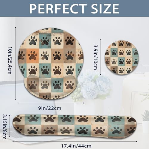 Cute Paw Print Ergonomic Memory Foam Wrist Rest Set for Keyboard and Mouse,Vintage Supportive Mouse Pad with Non Slip Base for Office Work and Gaming
