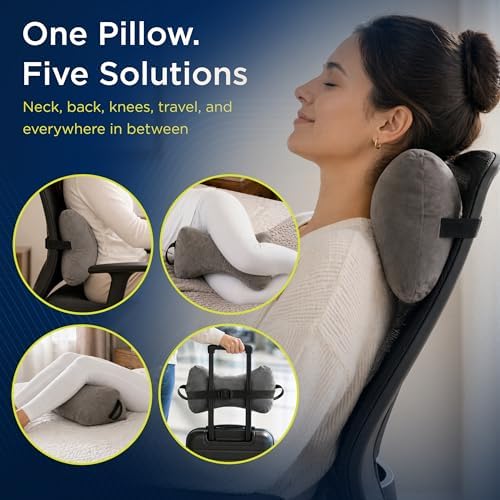 Next-GEN SleepLog Bone Shaped Chiropractic Neck Pillow – Adjustable Fill Cervical & Lumbar Support with 60" Positioning Strap – Latex Free – Full 15"x7" Gray