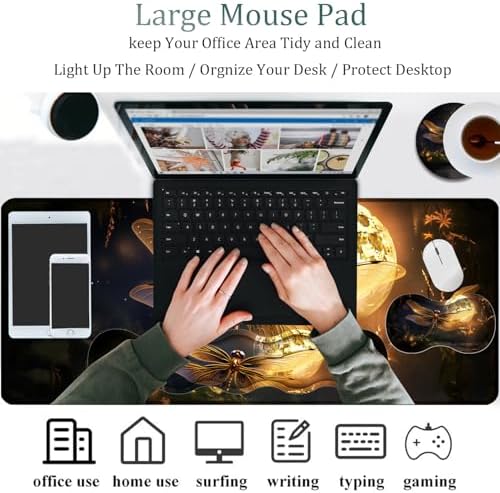 4 in 1 Mouse Pad Combo, Large Gaming Mouse Pad + Keyboard Wrist Support + Mouse Wrist Rest + Coaster, Table Pad 31.5 "x 11.8" with Memory Foam Ergonomic Wrist Pad Set, Dragonfly Under The Moon