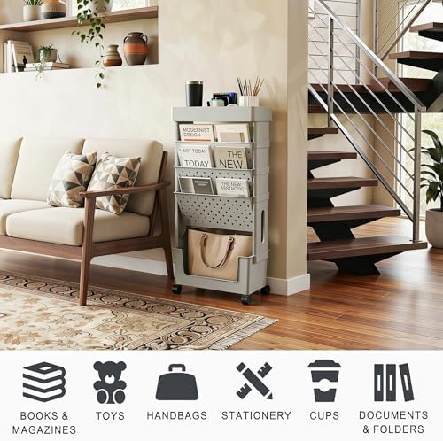5-Tier Rolling Bookshelf Magazine Rack with Wheels Gray