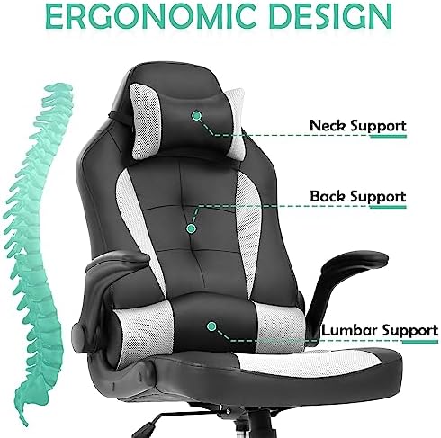 High Back PU Leather Office & Gaming Racing Chair - Comfortable & Heavy Duty - Headrest & Lumbar Support - Height Adjustable - Big & Tall Size - White
