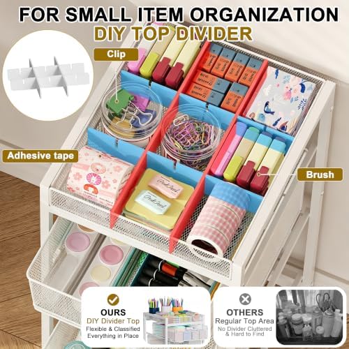 Rolling Utility Cart with 3 Drawers, Craft Organizer and Storage with DIY Divider, Lockable Wheels, Multi-Functional Storage for Art Supplies, Store for Brushes & Paints & Artifacts,White
