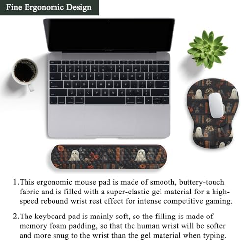 Ghost Book Mousepad with Wrist Rest Halloween Computer Keyboard Mouse Pad Black Cute, Mouse Pad with Wrist Rest for Computer Keyboard, 2 In1 Mousepad with Wrist Support Easy Typing&Relieve Wrist Pai