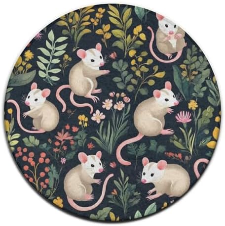 Large Home Decor Mat, Soft Round Yoga Carpet, Non Slip Machine Washable Home Office Circle Rug Green Leaves Opossum Floral