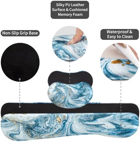 QIYI PU Leather Desk Mat Set, 4-in-1 Ergonomic Wrist Rest, Blue Marble