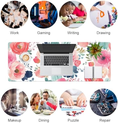 Faux Leather Large Mouse Pad, Office Desk Mat, 31.5"x11.8", Pink Floral