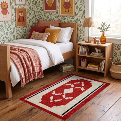 3'x5' Red Ivory Cat Crimson Boho Geometric Ultra-Soft Throw Mat
