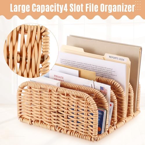 Rattan Mail Organizer for Desk Mail Holder Countertop with 5 Slot Rattan Letter Sorter File Holder Envelope Book Stand Farmhouse Office Desk Organizer and Storage Accessories
