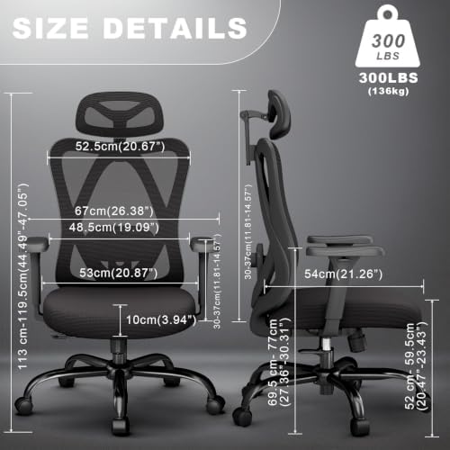 Mesh Office Chair with Headrest, Lumbar Support, 3D Arms, Wide Seat