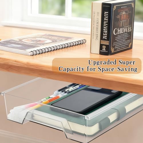 10.91"x 8.23" Under Desk Drawer Storage Organizer, Durable PC Material Self-Adhesive with Slide Out Rail, Hidden Hanging Desk Drawer for Office Supplies, Stationery, No Drilling Install, Clear